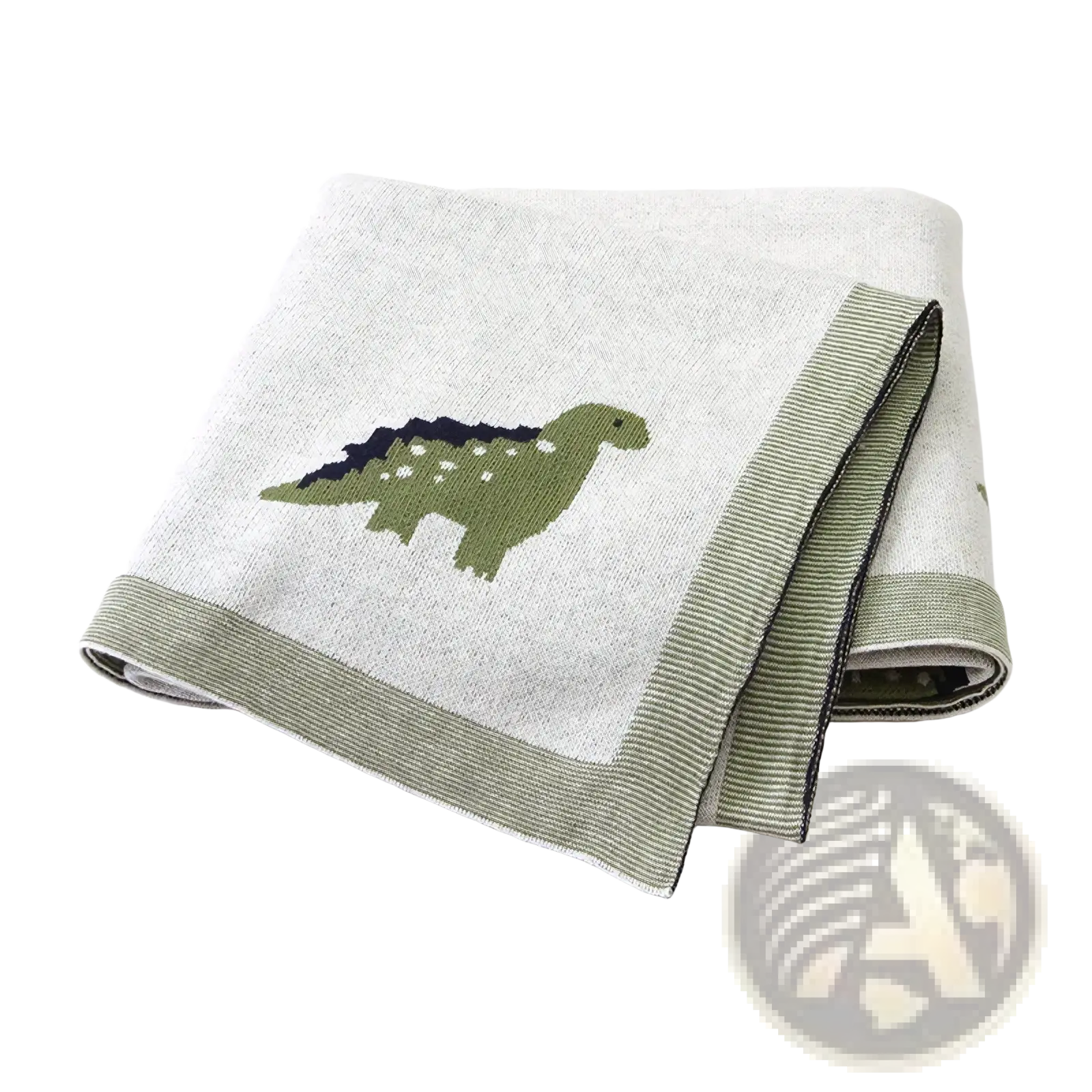 A soft light gray cotton knit baby blanket featuring a green dinosaur with black spines and white spots for crib use