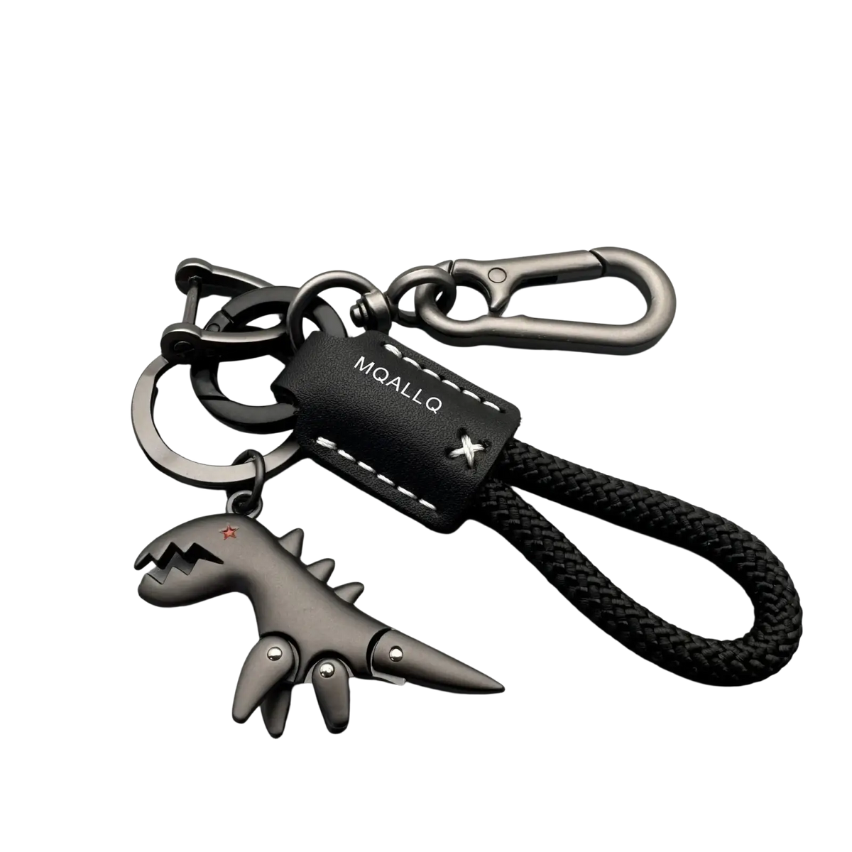 Black metal dinosaur keychain with braided leather strap and mqallq branded tag for durable everyday use