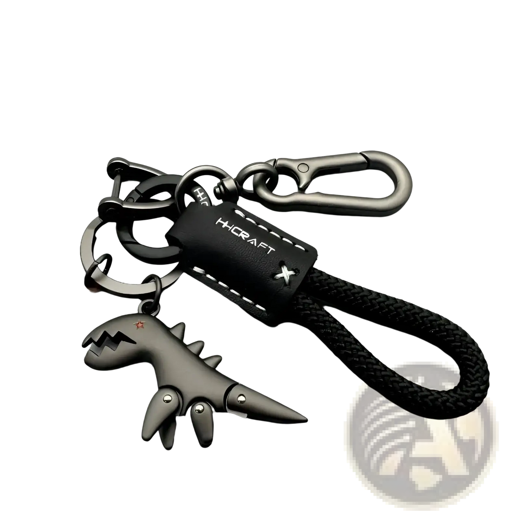 Black metallic dinosaur keychain with braided leather rope and tag for durable metal key fob use