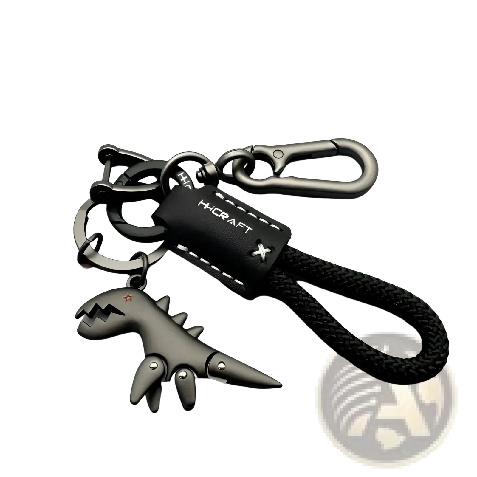 Black metallic dinosaur keychain with braided leather rope and tag for durable metal key fob use