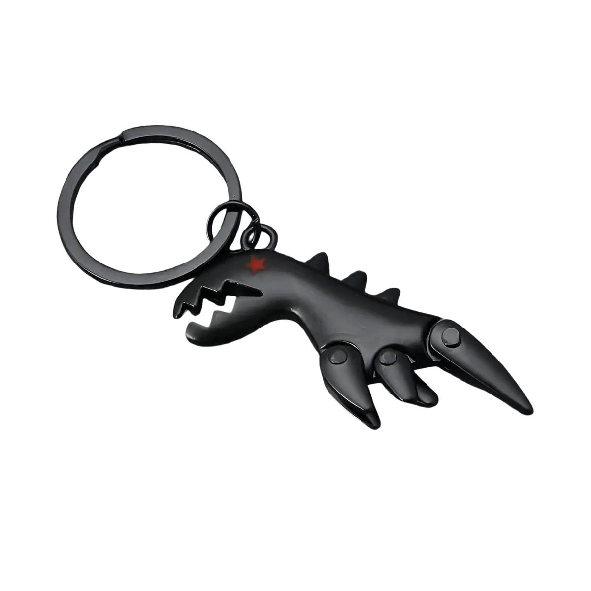 Black dinosaur leather braided keychain with metallic finish and red star detail on the back side of key fob