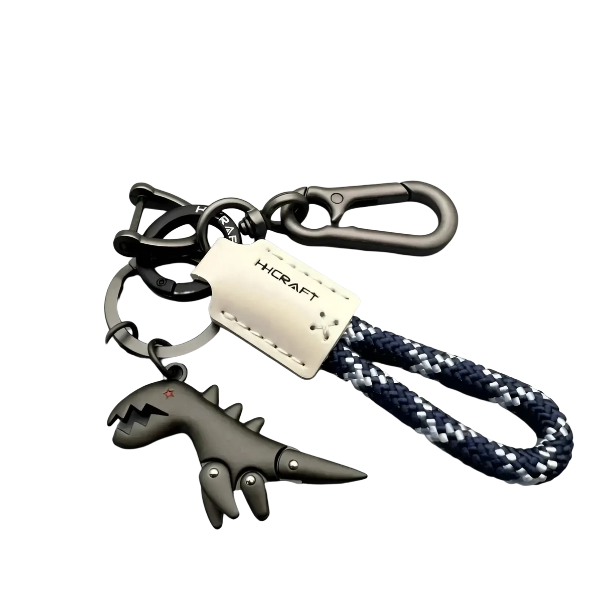 Black dinosaur leather braided keychain with navy white rope strap silver hicraft tag and metal carabiner clips