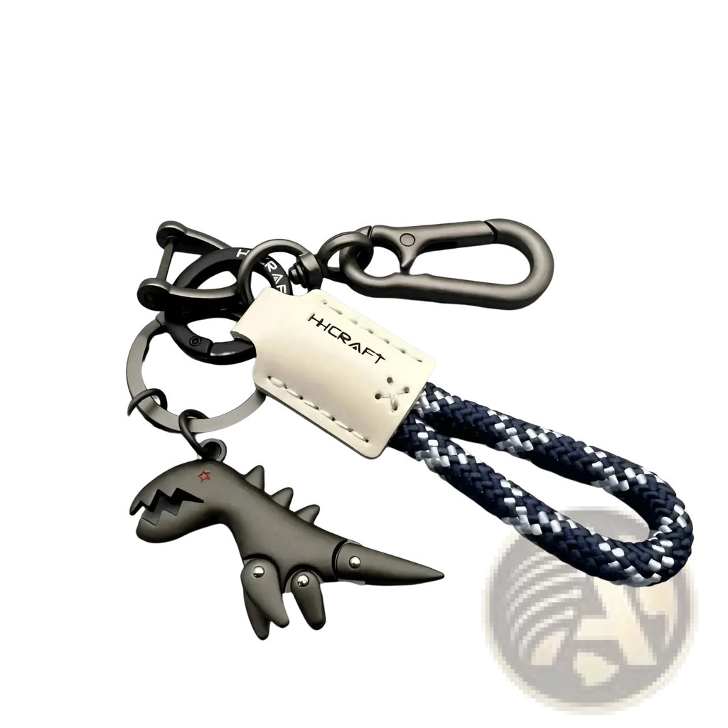 Black dinosaur leather braided keychain with navy white rope strap silver hicraft tag and metal carabiner clips