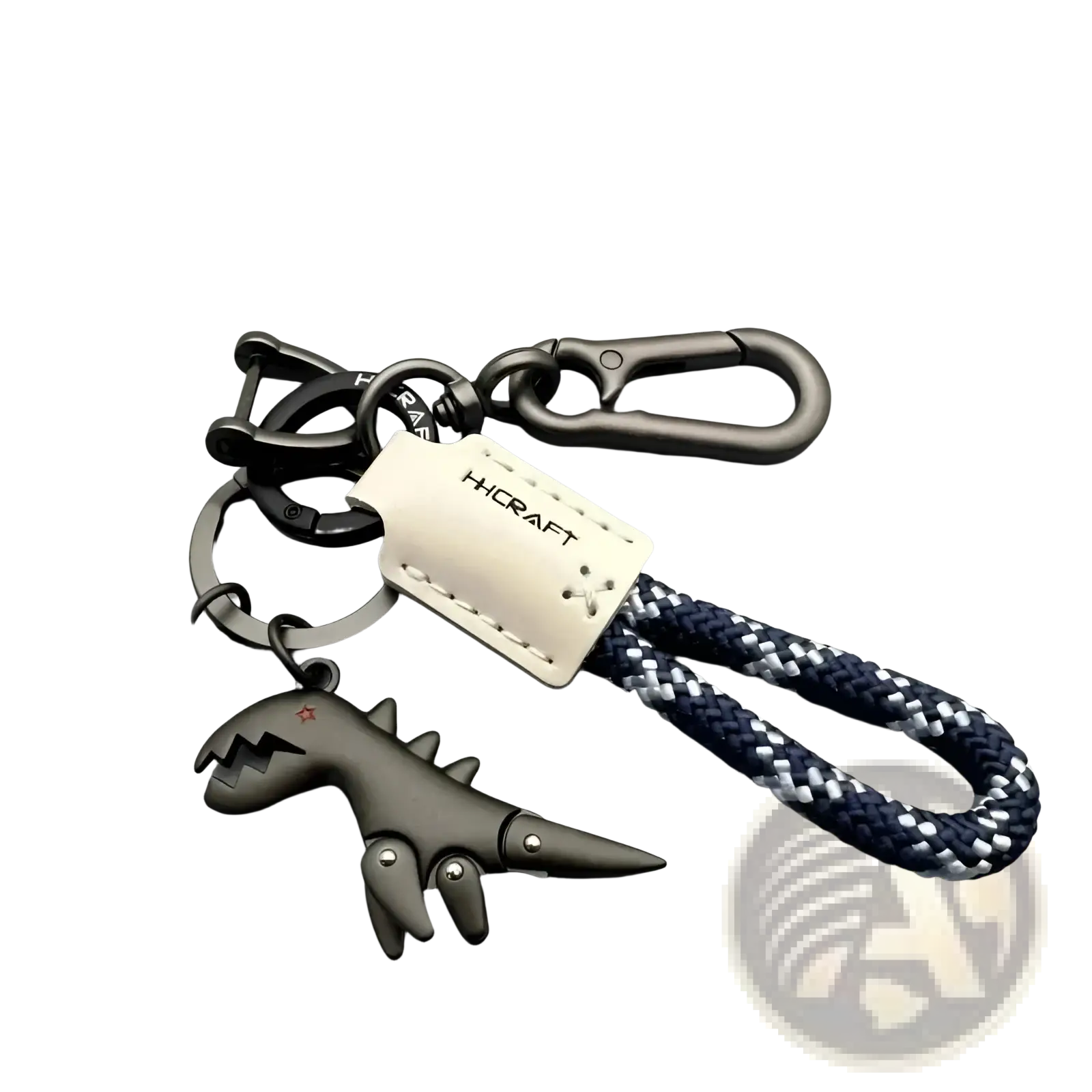 Black dinosaur leather braided keychain with navy white rope strap silver hicraft tag and metal carabiner clips