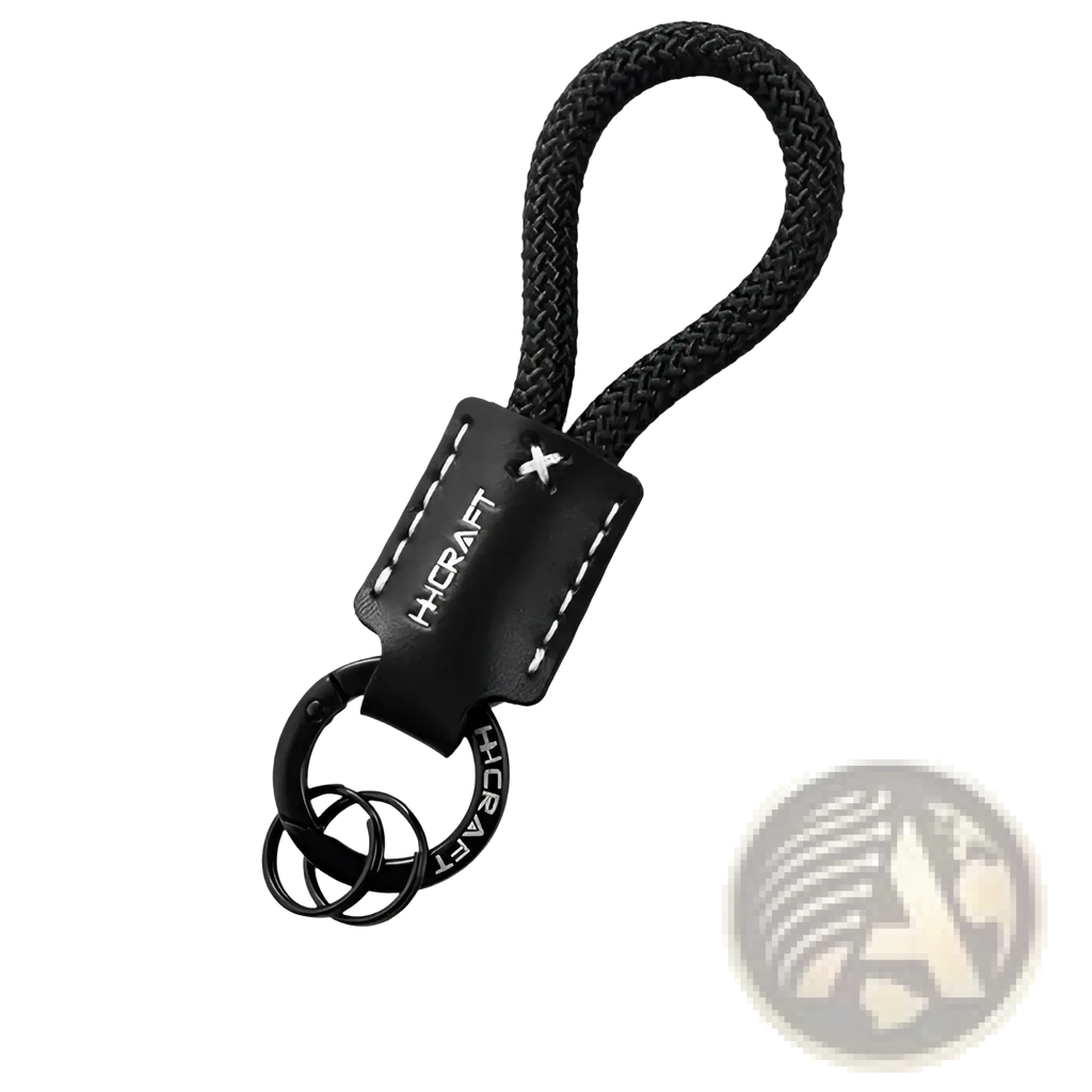 Black woven rope dinosaur leather braided keychain with hicraft leather strap and metal rings key fob