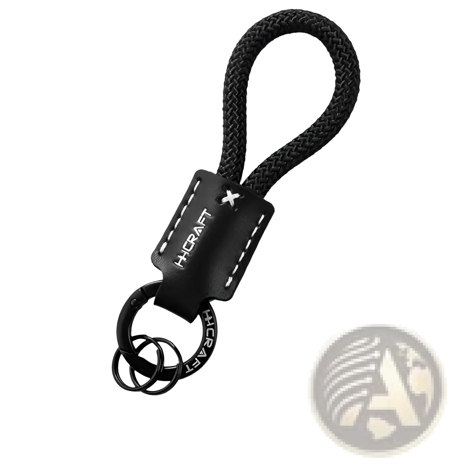 Black woven rope dinosaur leather braided keychain with hicraft leather strap and metal rings key fob