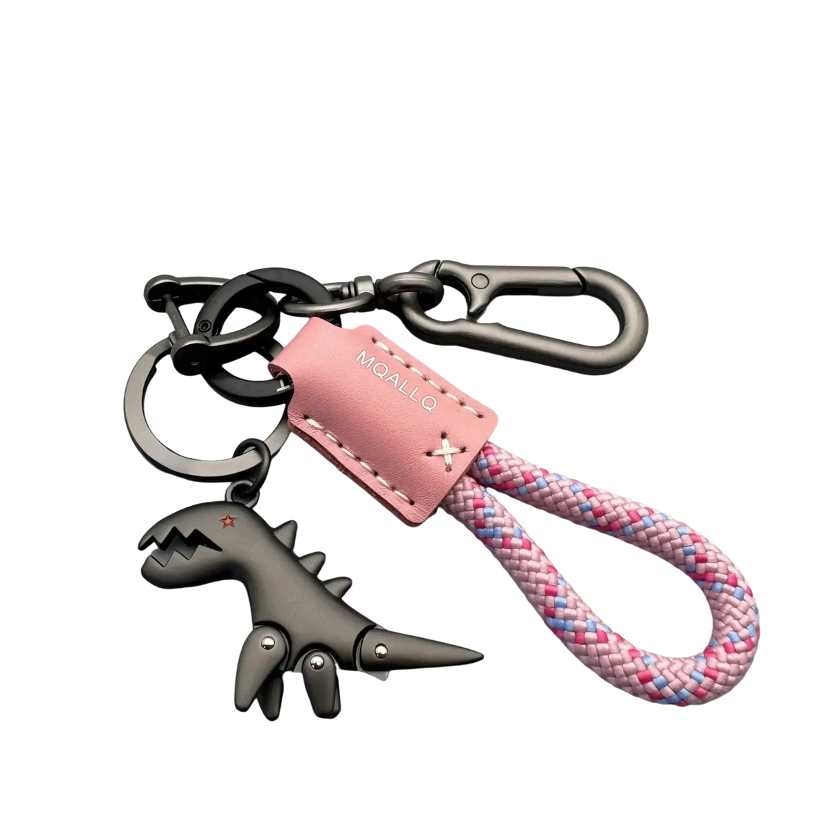 Pink and blue braided leather dinosaur keychain with matte black metal charm and mqallo branded leather tag