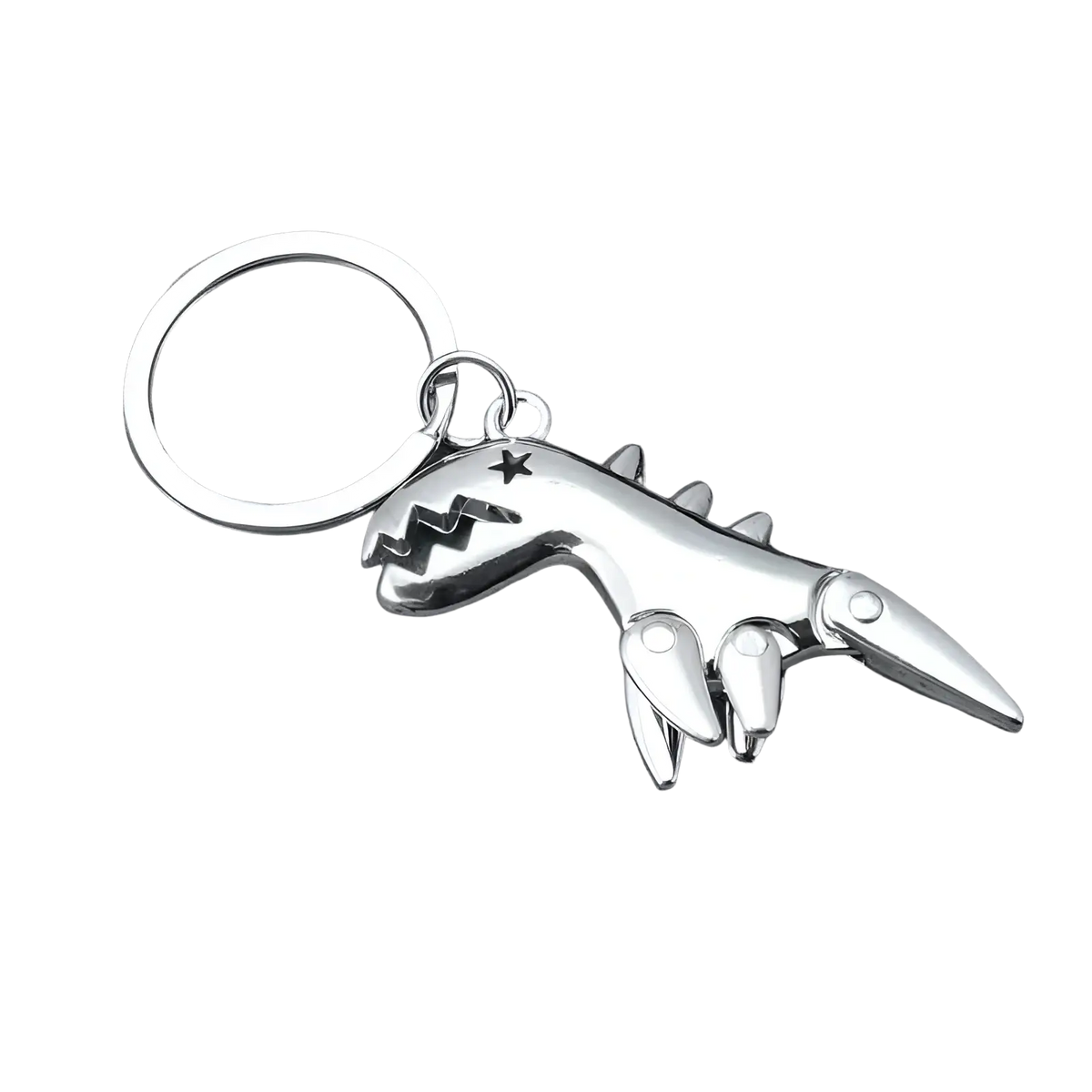 Shiny silver metal dinosaur keychain with star on head and jagged teeth attached to leather braided fob