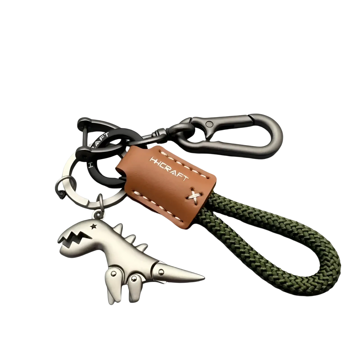 Silver dinosaur leather braided keychain with brown leather tag and olive green cord metal key fob accessory