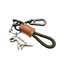 Silver dinosaur metal keychain with olive green braided cord and brown leather tag in dinosaur leather braided keychain product