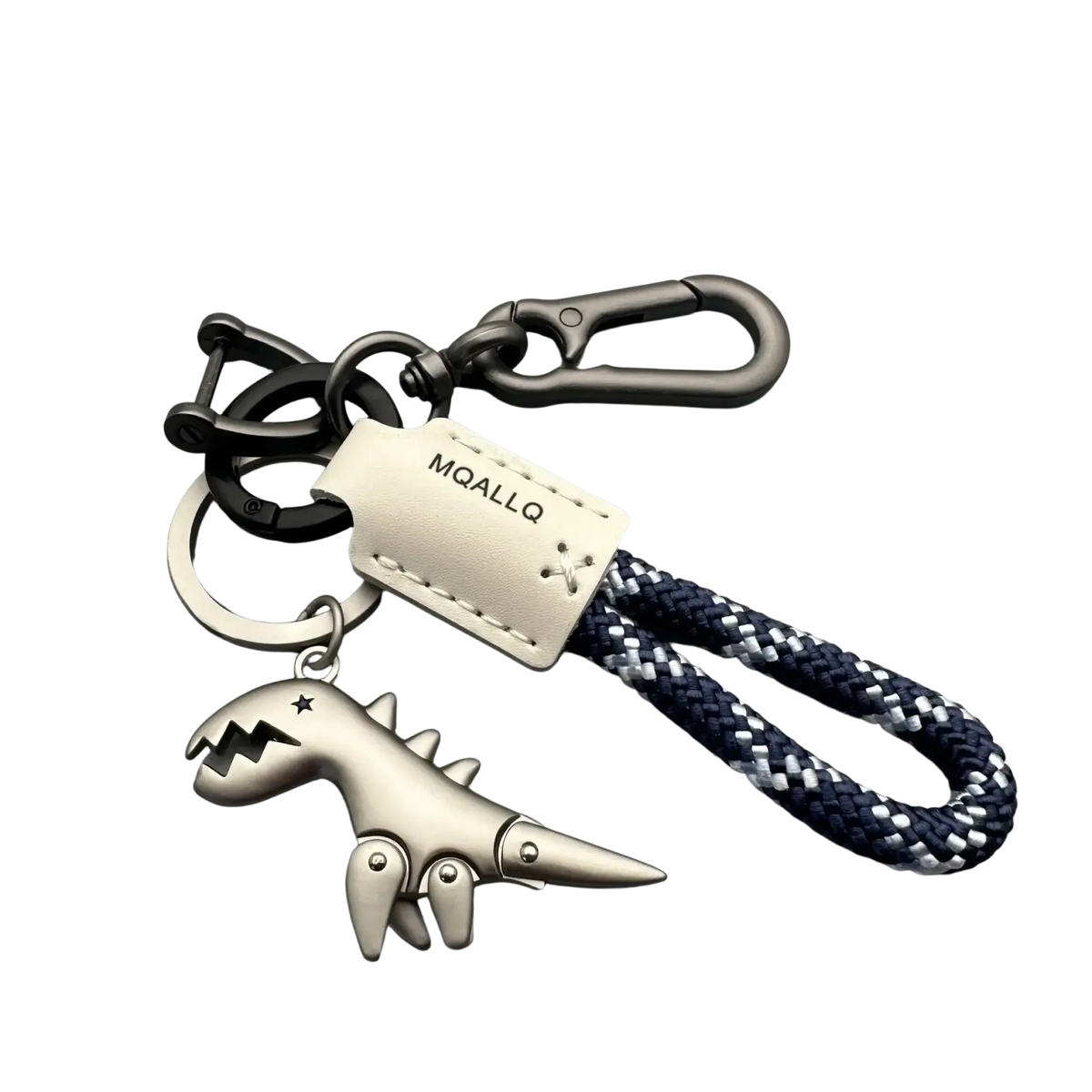 Silver dinosaur leather braided keychain with navy white rope strap and black metal carabiners for keys