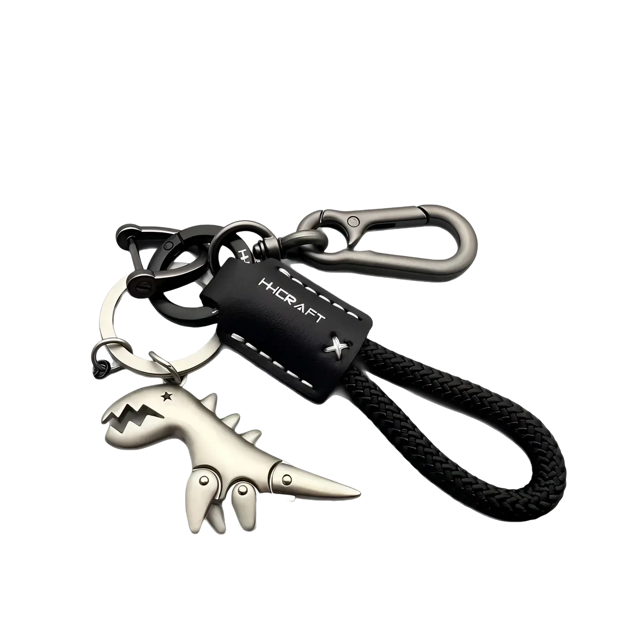 Black braided leather keychain with silver dinosaur charm and hcrft branded tag for bag pendant use