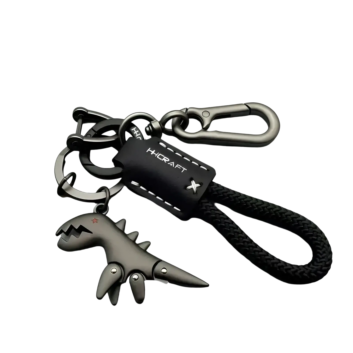Black metal dinosaur keychain with braided black cord and leather hhcraft tag for bag pendant accessory