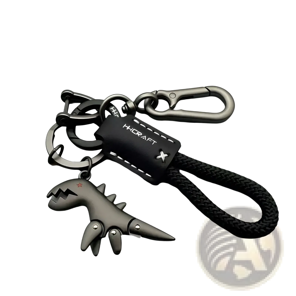 Black dinosaur leather keychain bag pendant with braided cord and metal hardware for stylish accessory use