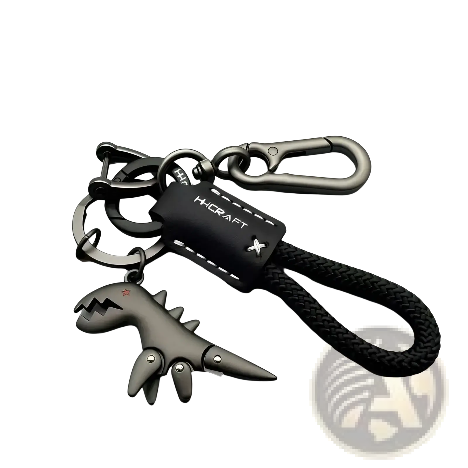 Black dinosaur leather keychain bag pendant with braided cord and metal hardware for stylish accessory use