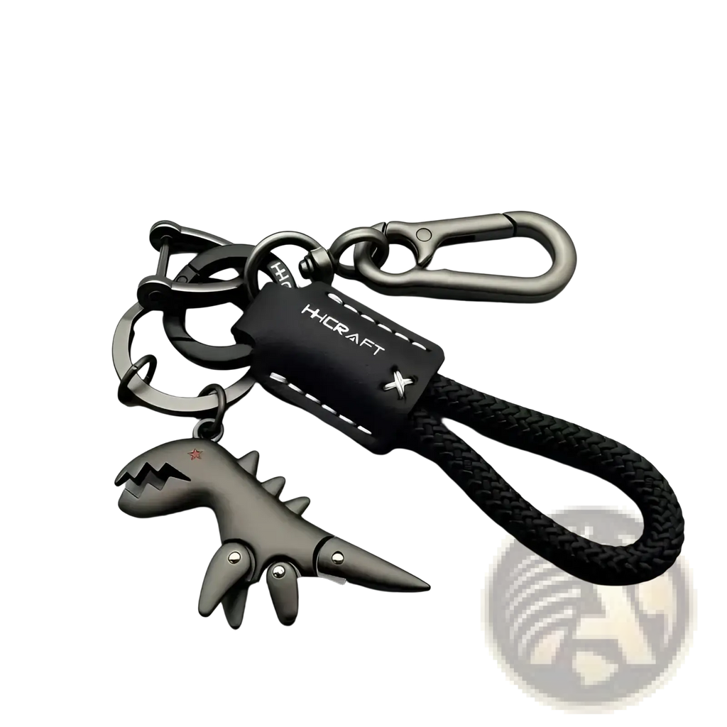 Black metal dinosaur keychain with braided black cord and leather hhcraft tag for bag pendant accessory
