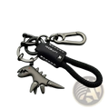 Black metal dinosaur keychain with braided black cord and leather hhcraft tag for bag pendant accessory