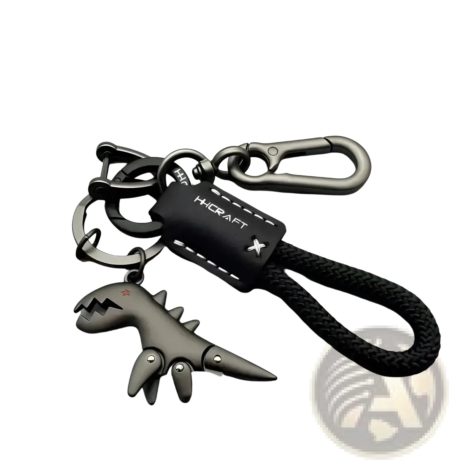 Black metal dinosaur keychain with braided black cord and leather hhcraft tag for bag pendant accessory