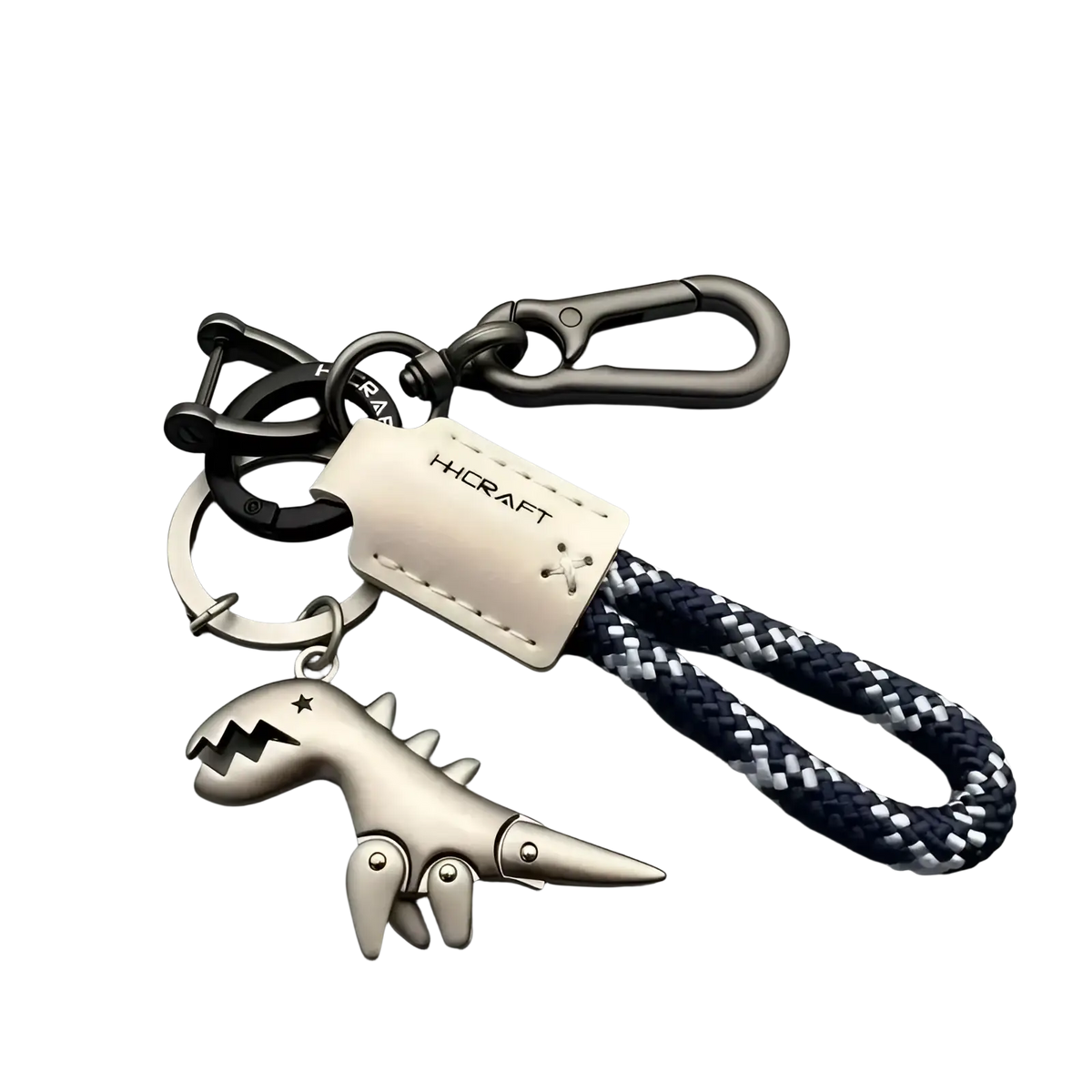 Silver dinosaur leather keychain bag pendant with black and white braided rope strap for easy carrying