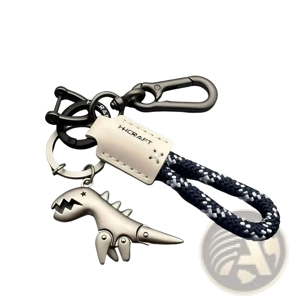 Silver dinosaur leather keychain bag pendant with black and white braided rope strap for easy carrying