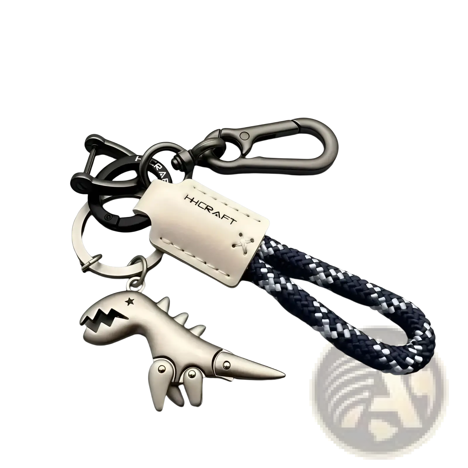 Silver dinosaur leather keychain bag pendant with black and white braided rope strap for easy carrying