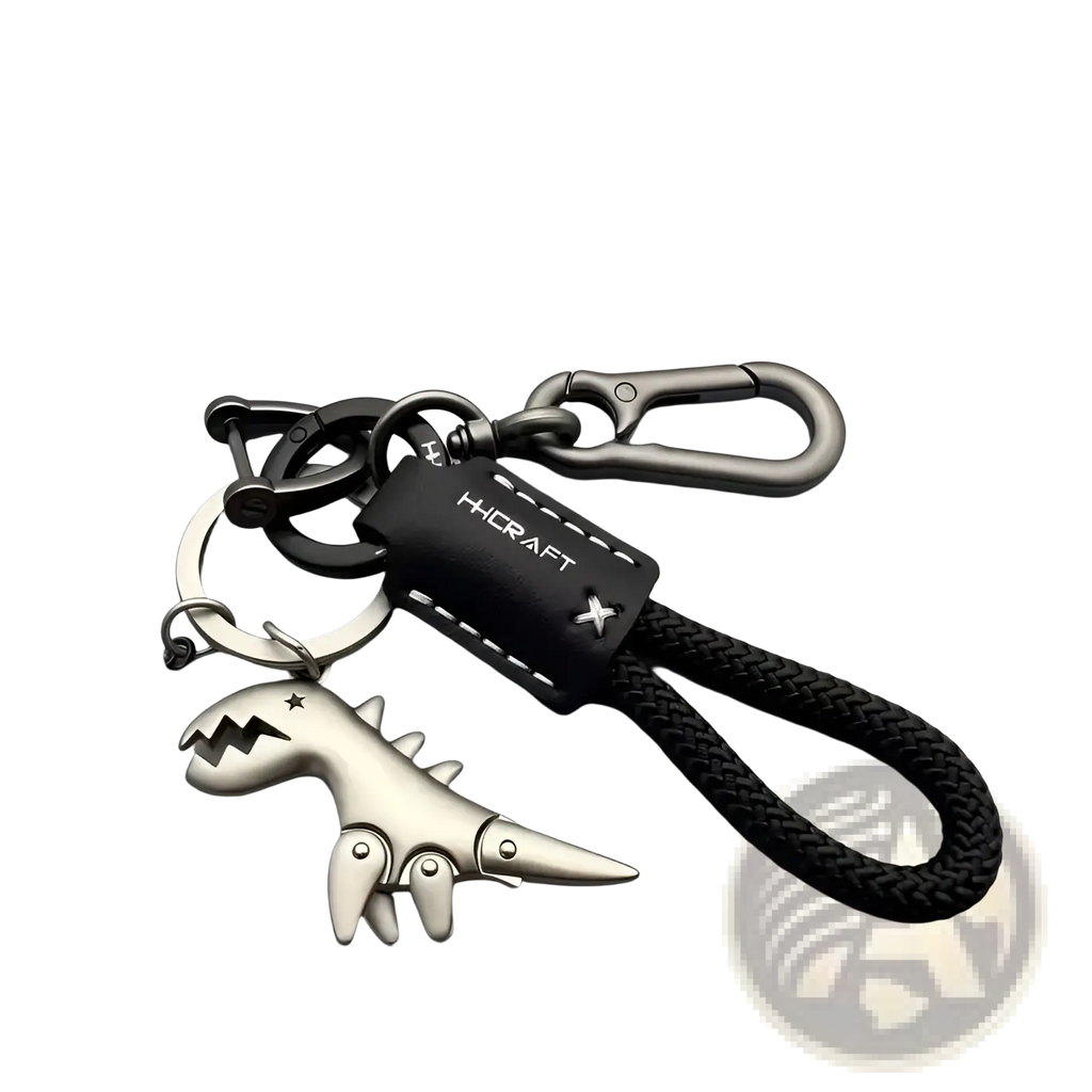 Silver dinosaur-shaped leather keychain bag pendant with black braided cord and hicraft leather brand tag