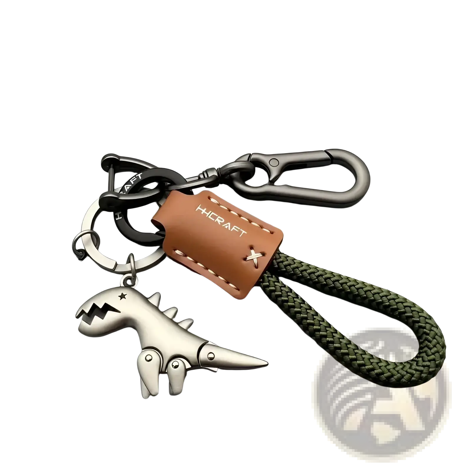 Silver dinosaur leather keychain bag pendant with a brown leather tag and olive green braided cord