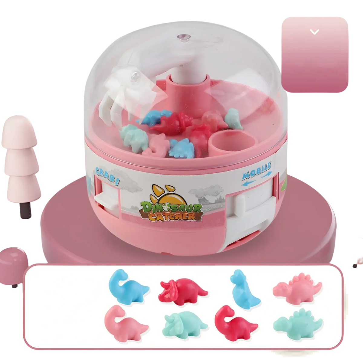 Pink and white plastic dinosaur-themed claw machine filled with colorful miniature dinosaur figures for kids play