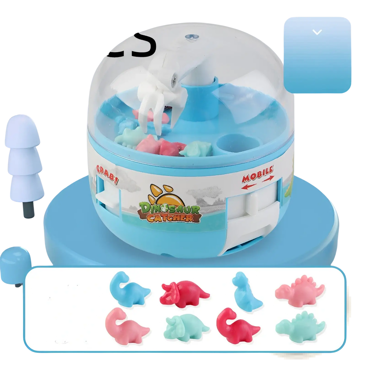 Blue and white plastic dinosaur mini gashapon machine kids claw toy with clear dome and colorful rubber dino figures inside