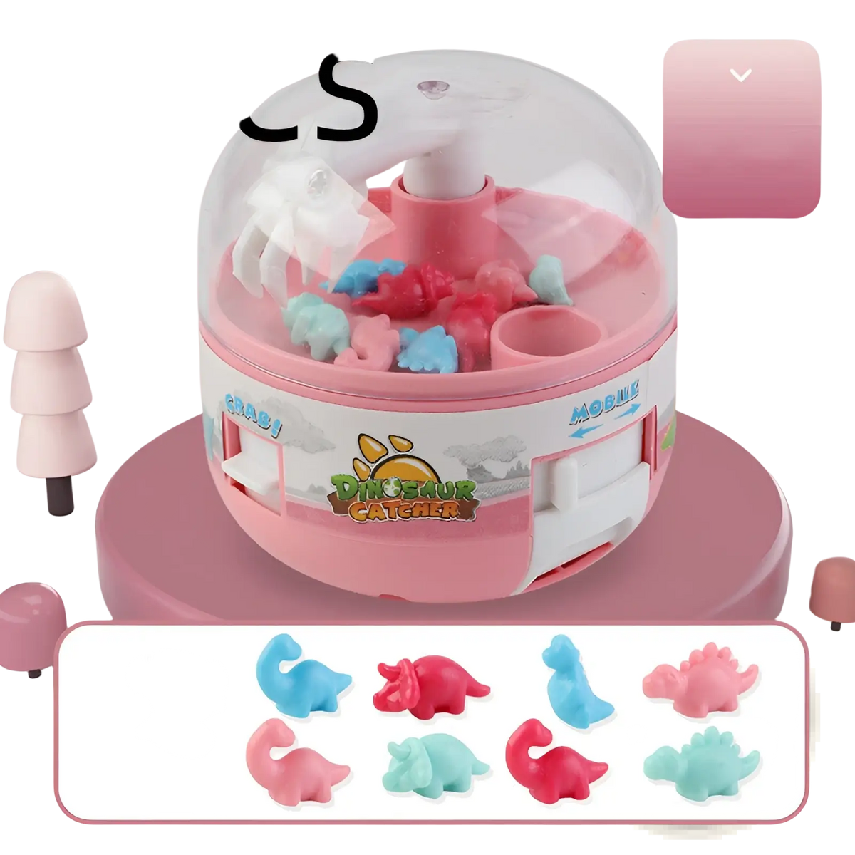 Pink and white plastic dinosaur mini gashapon machine claw toy with clear dome and colorful miniature dinosaur figures inside