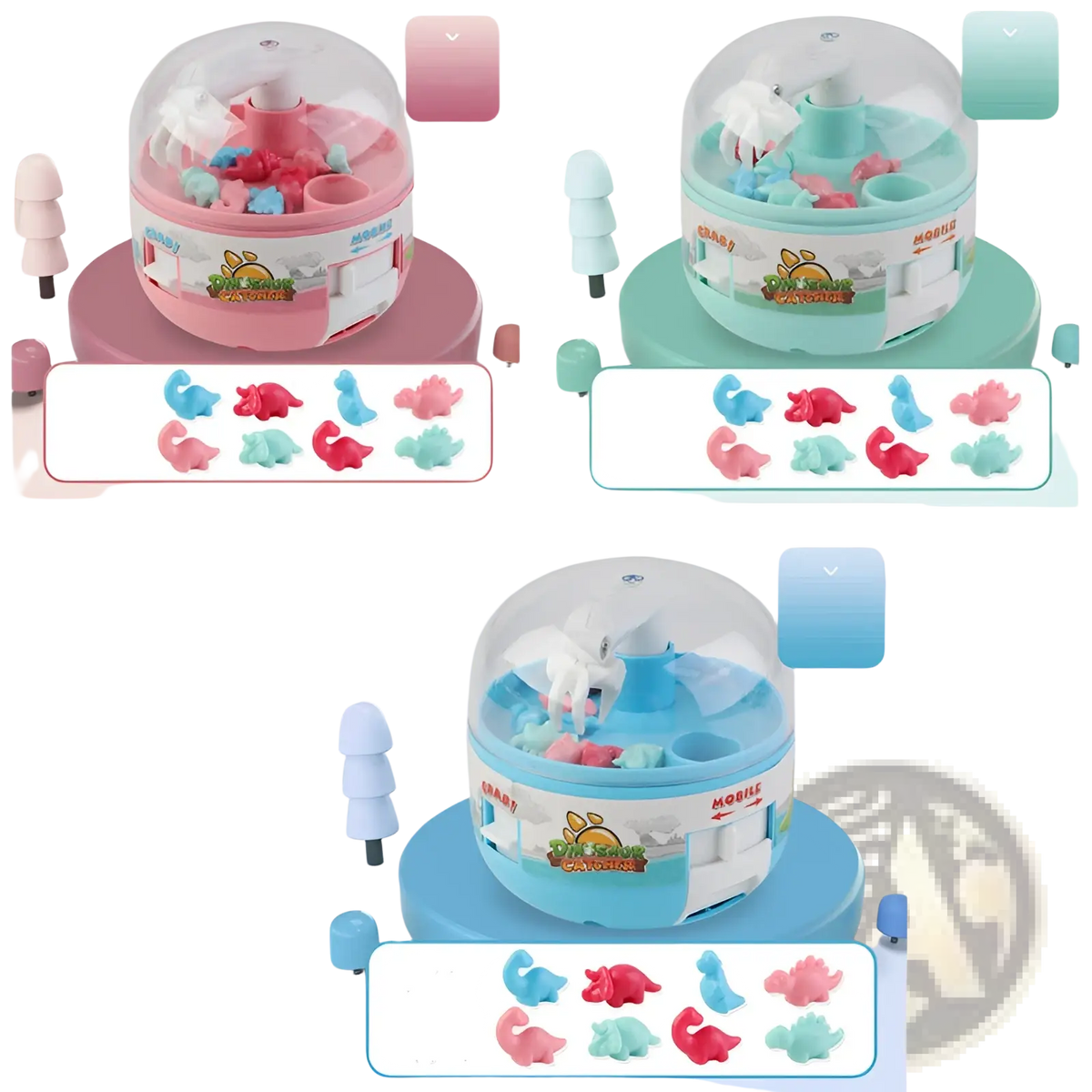 A colorful pink and blue plastic dinosaur mini gashapon claw toy machine with a clear dome holding small toy dinosaurs
