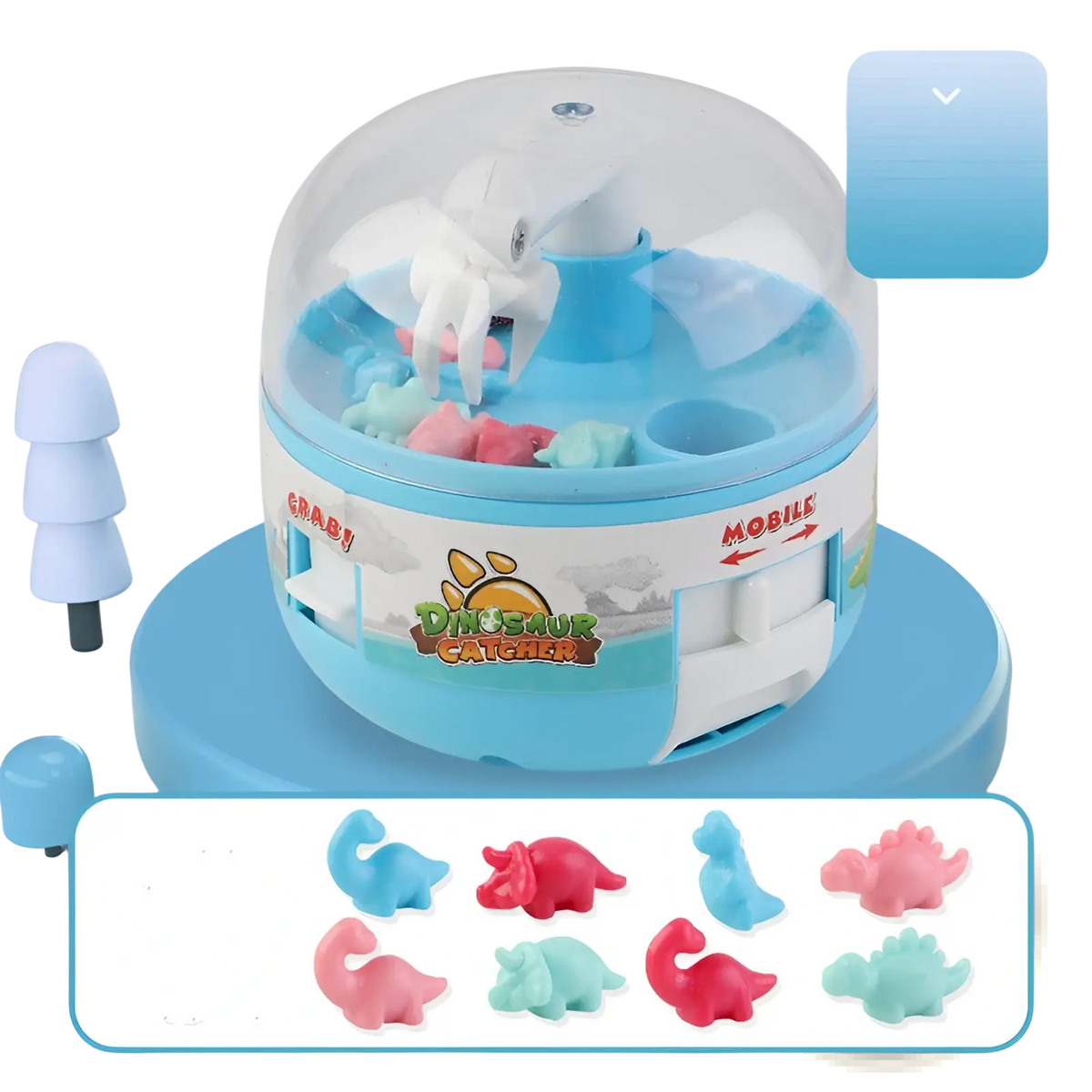 Blue and white plastic dinosaur mini gashapon claw toy with clear dome containing colorful miniature dinosaur figures