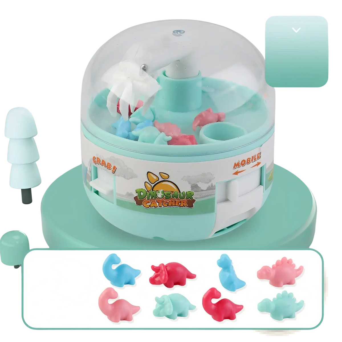 A teal plastic dinosaur mini gashapon machine claw toy with a clear dome containing colorful miniature dinosaurs