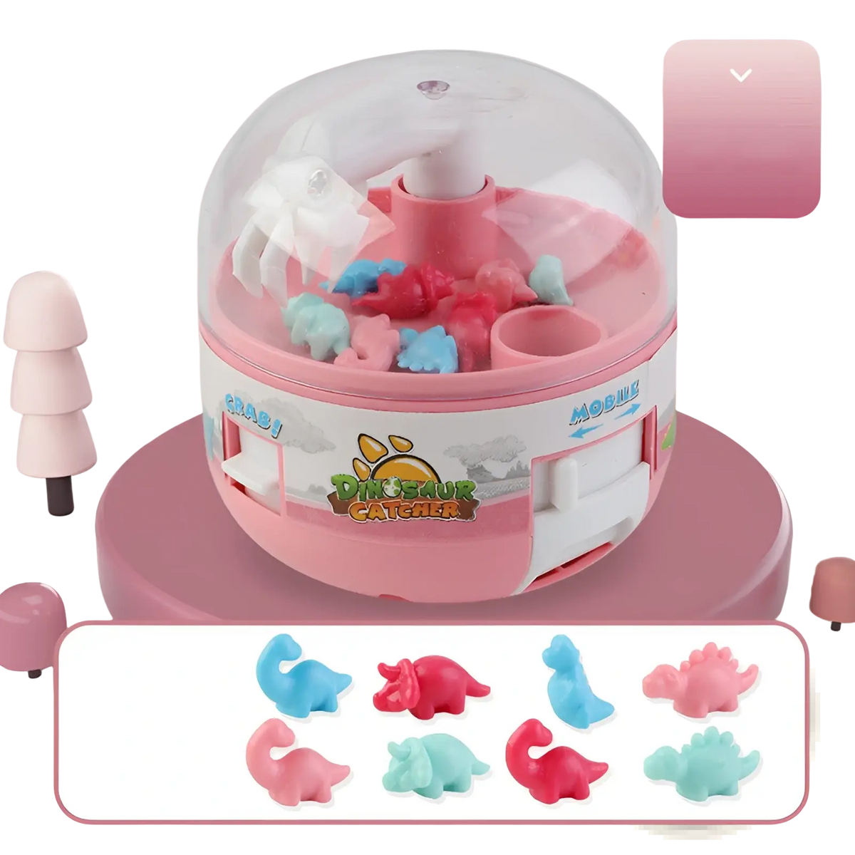 Pink and white dinosaur-themed mini gashapon claw machine with colorful plastic dinosaurs for kids toy play