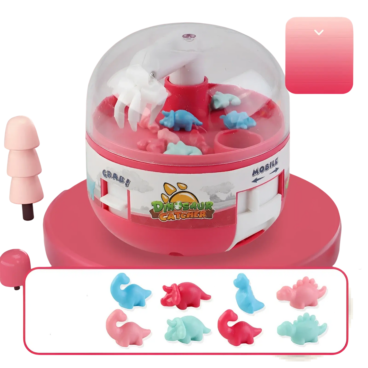 Pink and white plastic dinosaur mini gashapon machine kids claw toy with clear dome and colorful miniature rubber dinosaurs inside