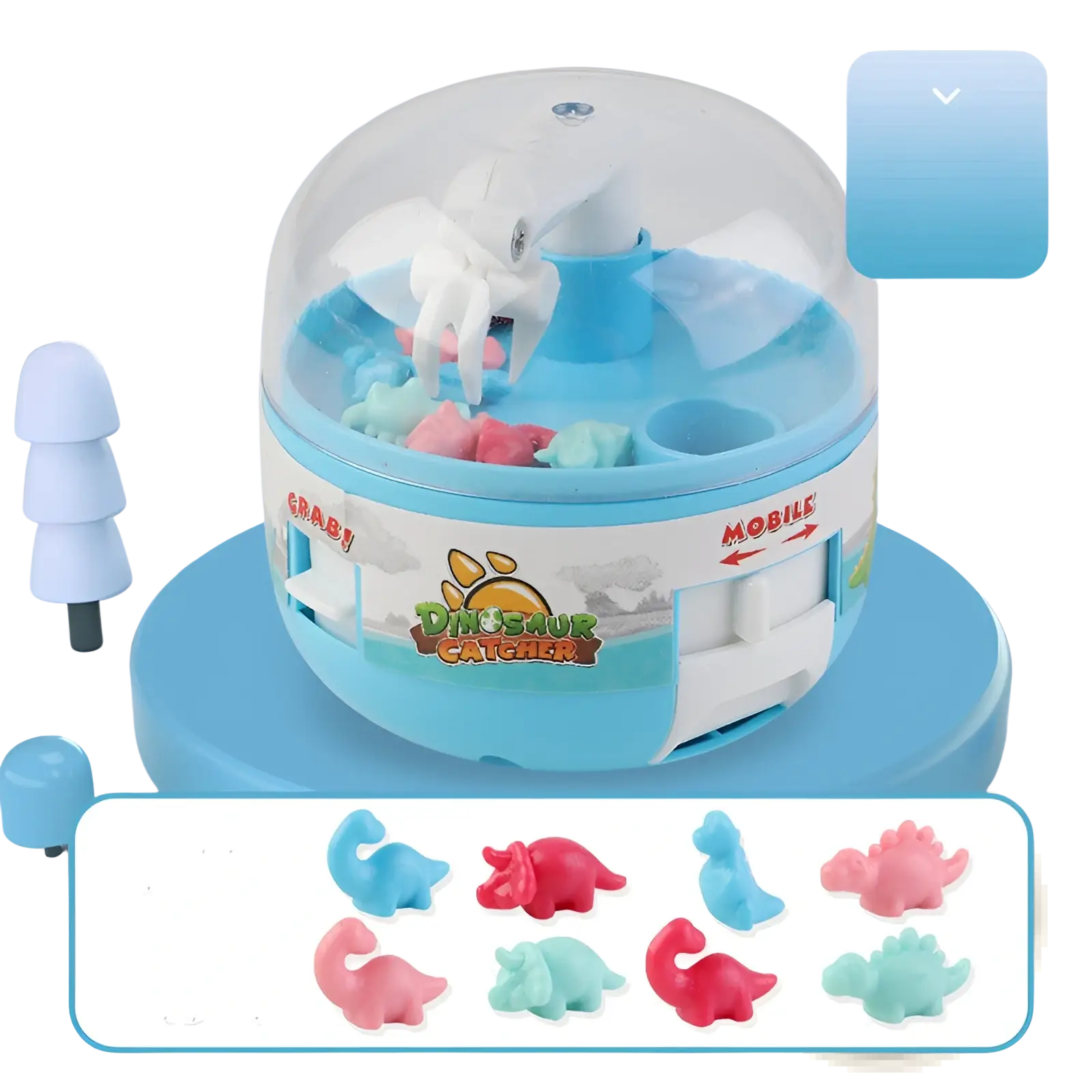 Blue and white plastic dinosaur mini gashapon claw toy with clear dome and colorful silicone dinosaur figures inside