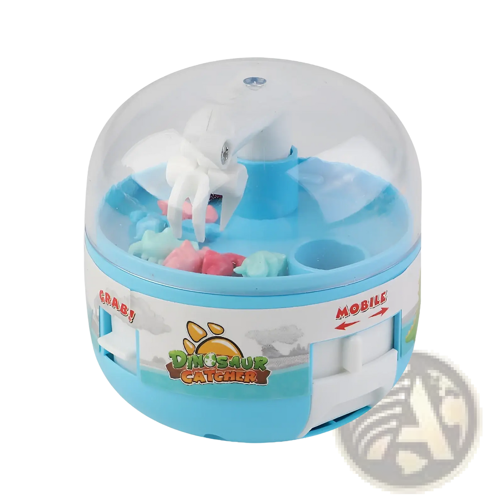 Blue and white plastic dinosaur mini gashapon claw toy with clear dome featuring colorful plastic dinosaurs inside