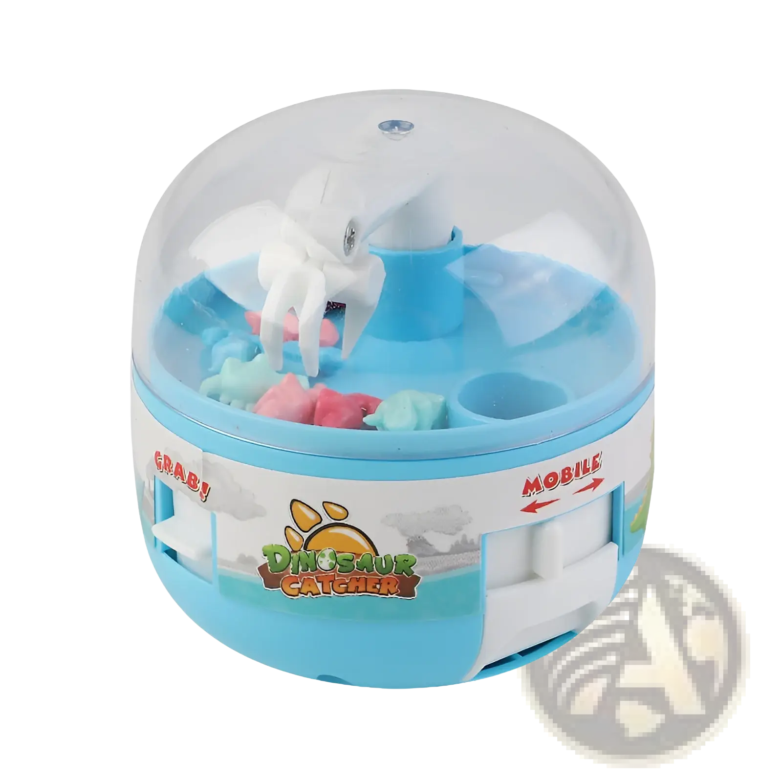 Blue and white plastic dinosaur mini gashapon claw toy with clear dome featuring colorful plastic dinosaurs inside