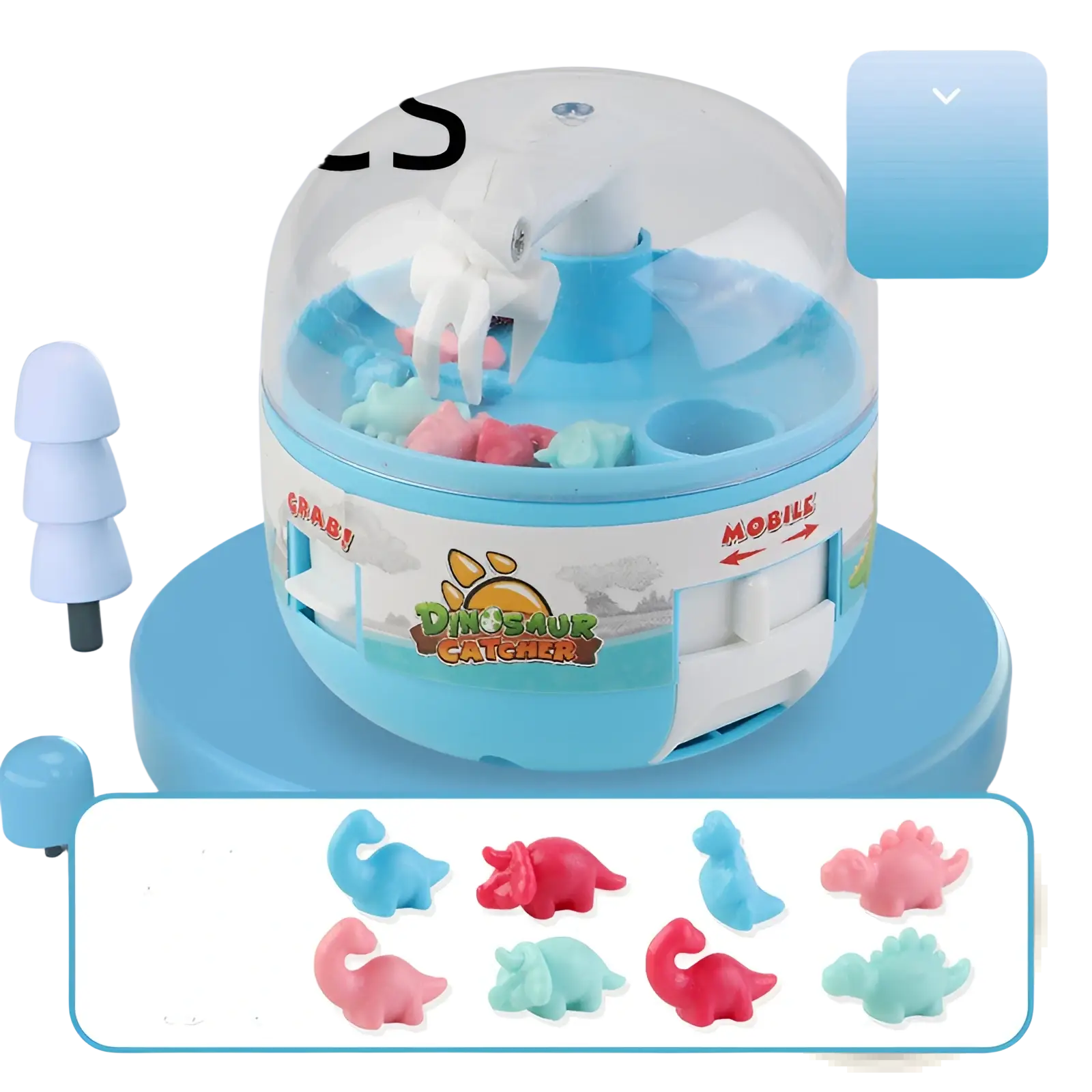 Blue and white plastic dinosaur mini gashapon machine kids claw toy with a clear dome and colorful rubber dino figures inside