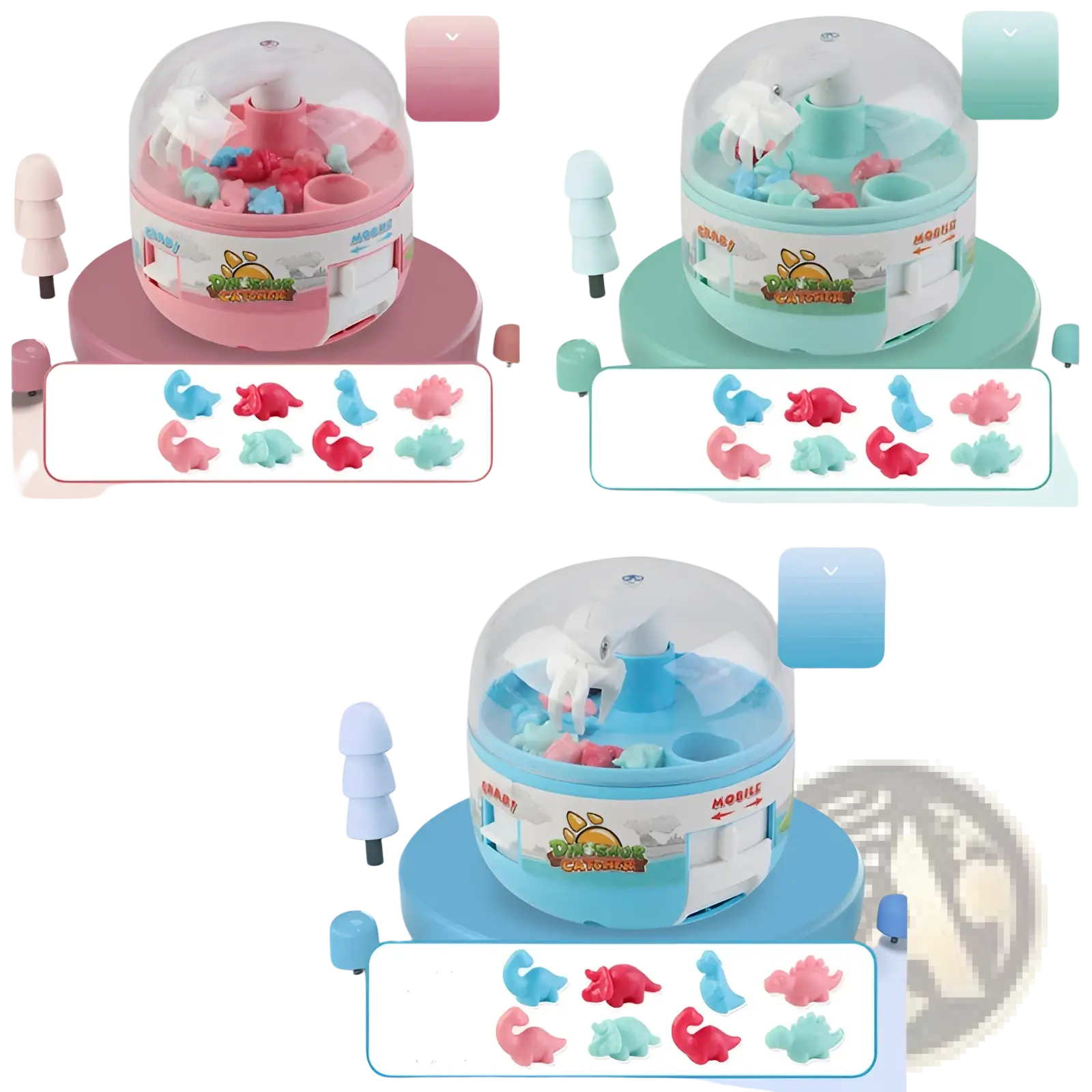 A colorful plastic dinosaur mini gashapon claw toy machine with pink and blue domes holding small dinosaur toys