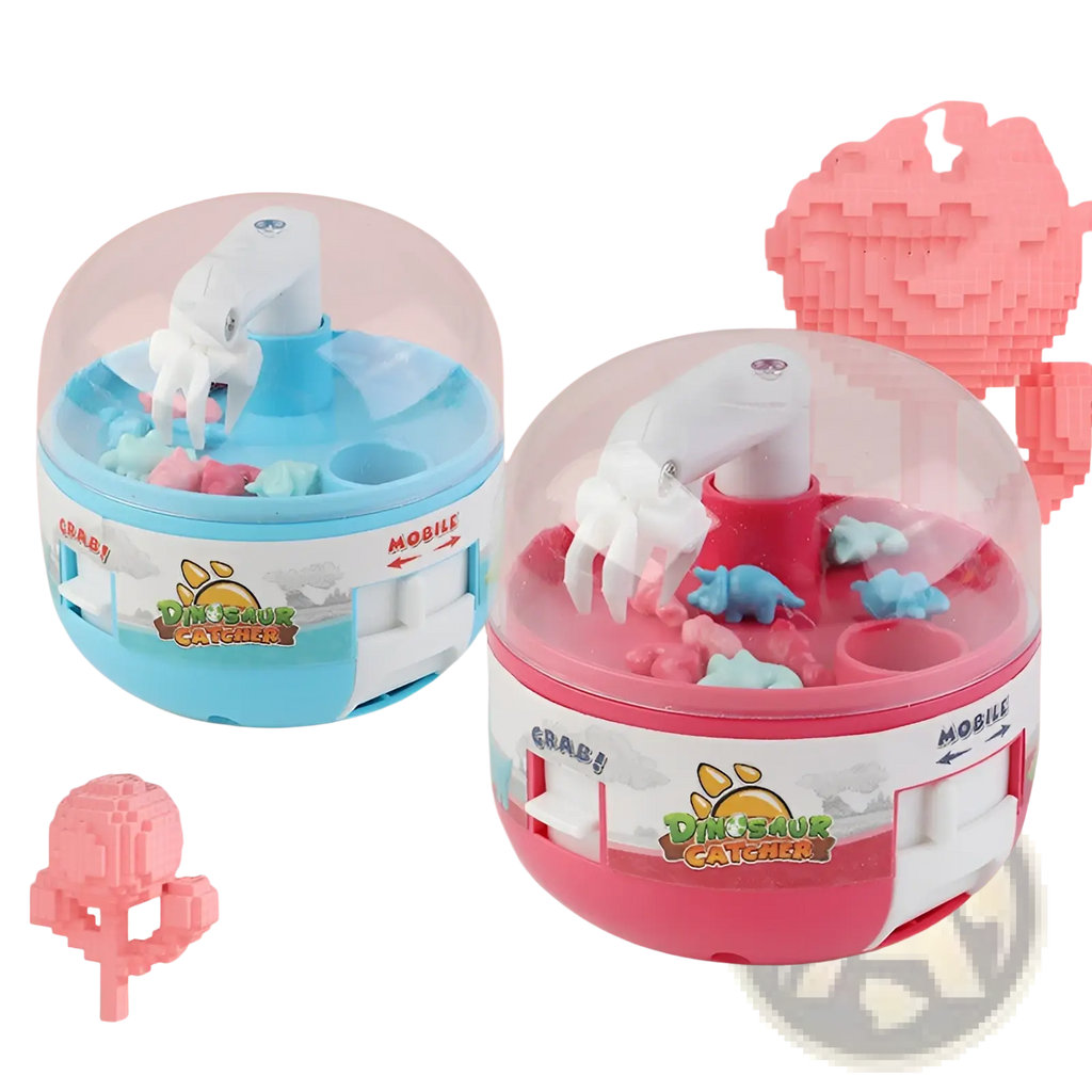 Pink and blue plastic dinosaur catcher toys with white claw arms inside transparent domes for kids claw gashapon machine