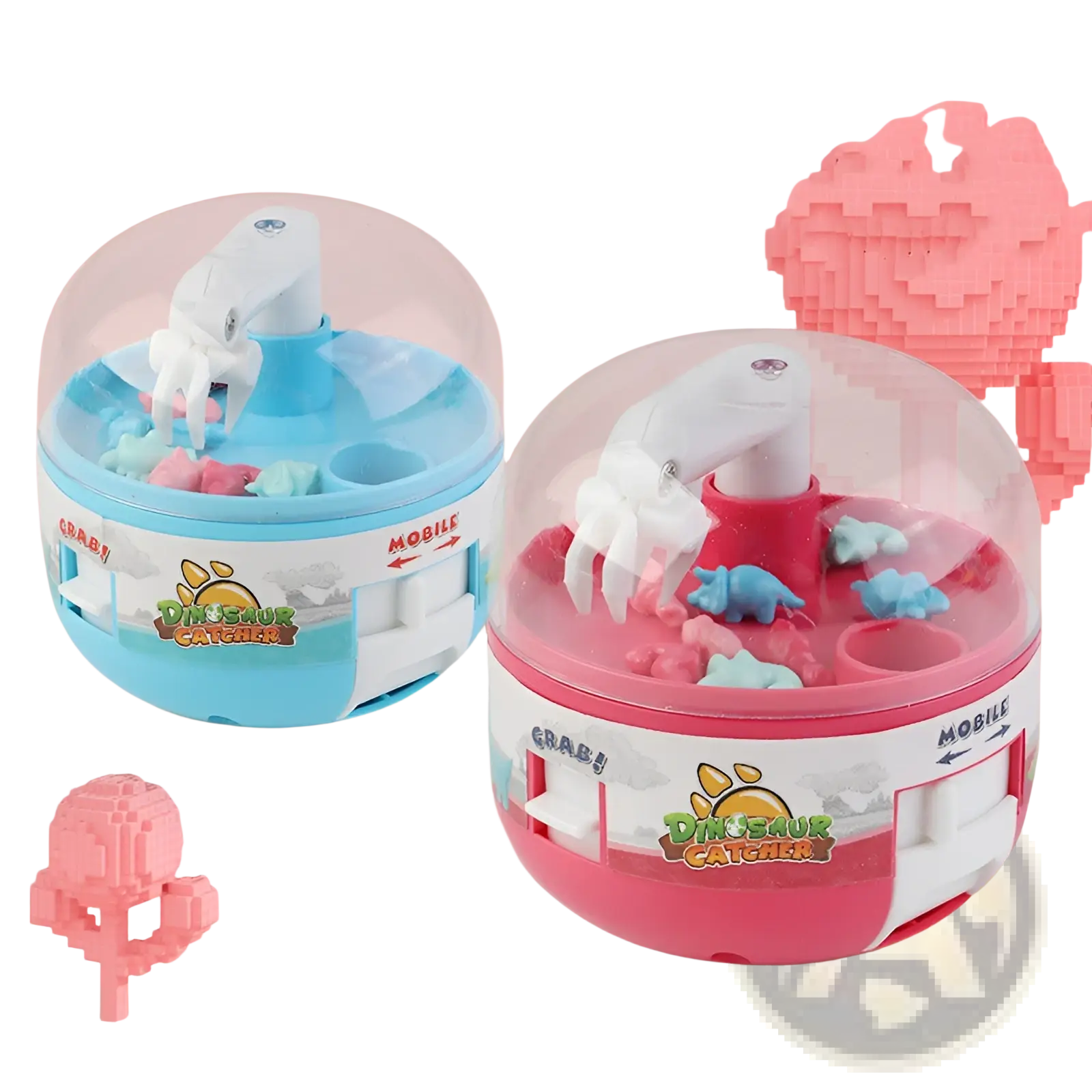 Pink and blue plastic dinosaur catcher toys with white claw arms inside transparent domes for kids claw gashapon machine