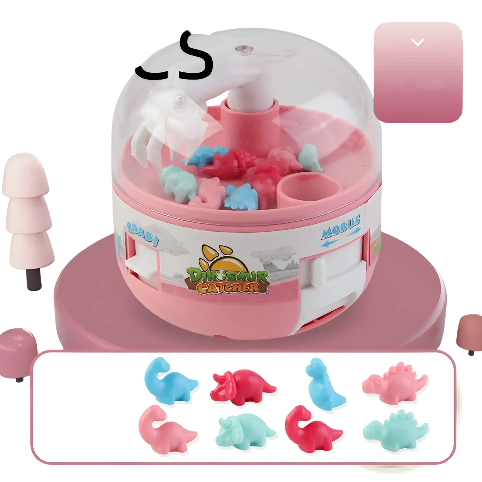 Pink and white plastic dinosaur mini gashapon machine kids claw toy with clear dome and colorful miniature dinosaurs inside