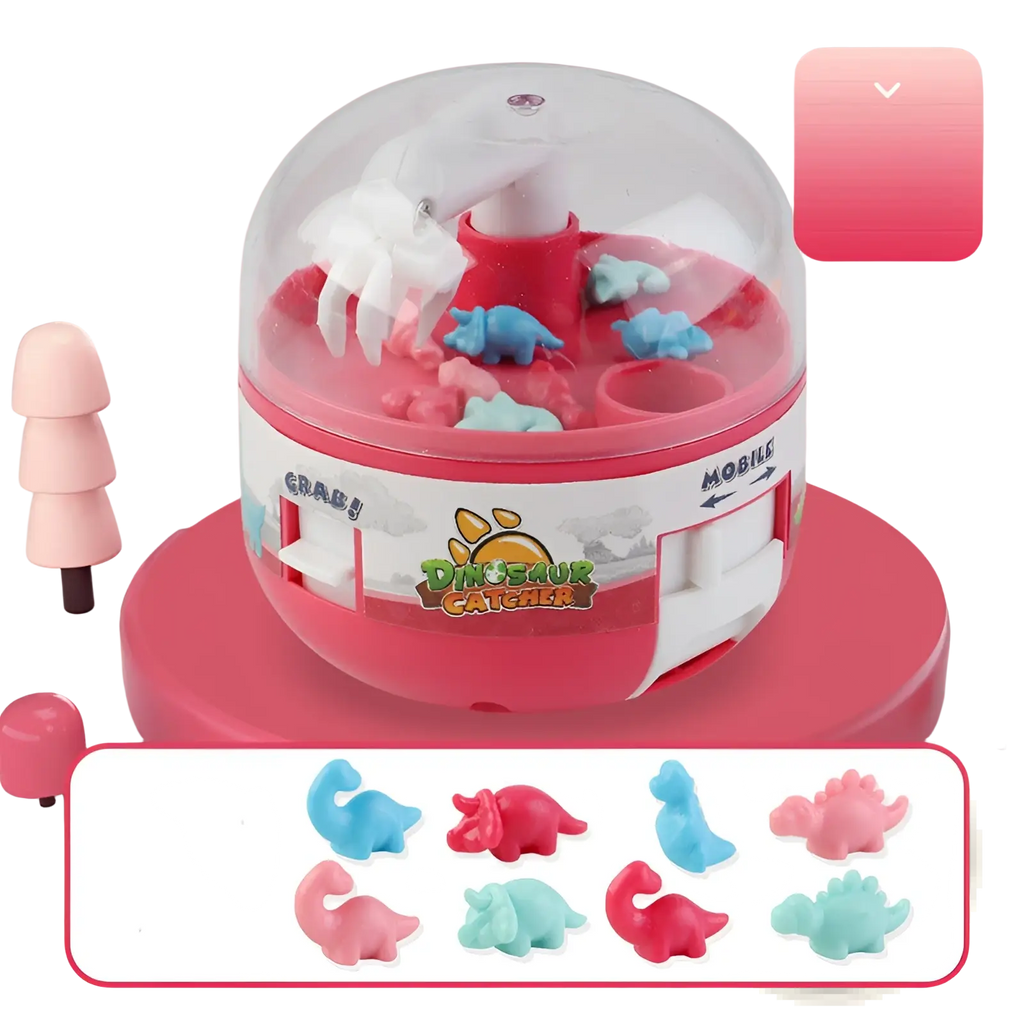 Pink and white plastic dinosaur mini gashapon machine kids claw toy with clear dome and colorful miniature rubber dinosaurs inside