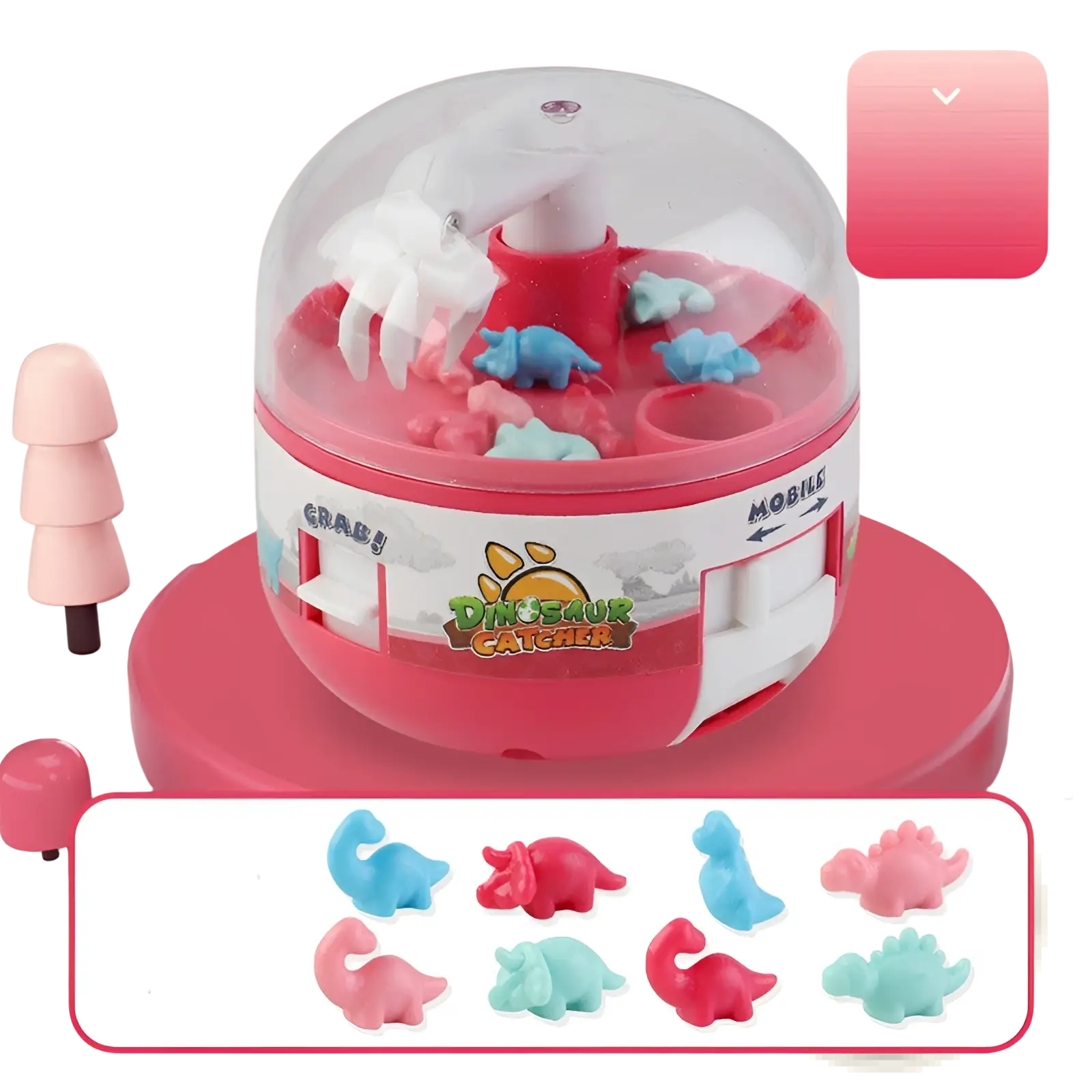 Pink and white plastic dinosaur mini gashapon machine kids claw toy with clear dome and colorful miniature rubber dinosaurs inside
