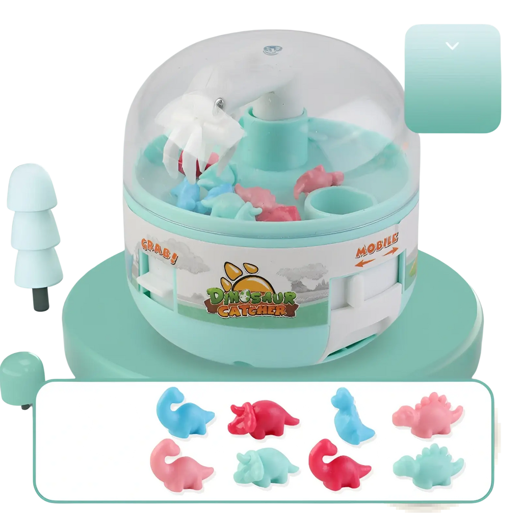 A teal plastic dinosaur mini gashapon machine kids claw toy with a clear dome and colorful miniature dinosaurs inside