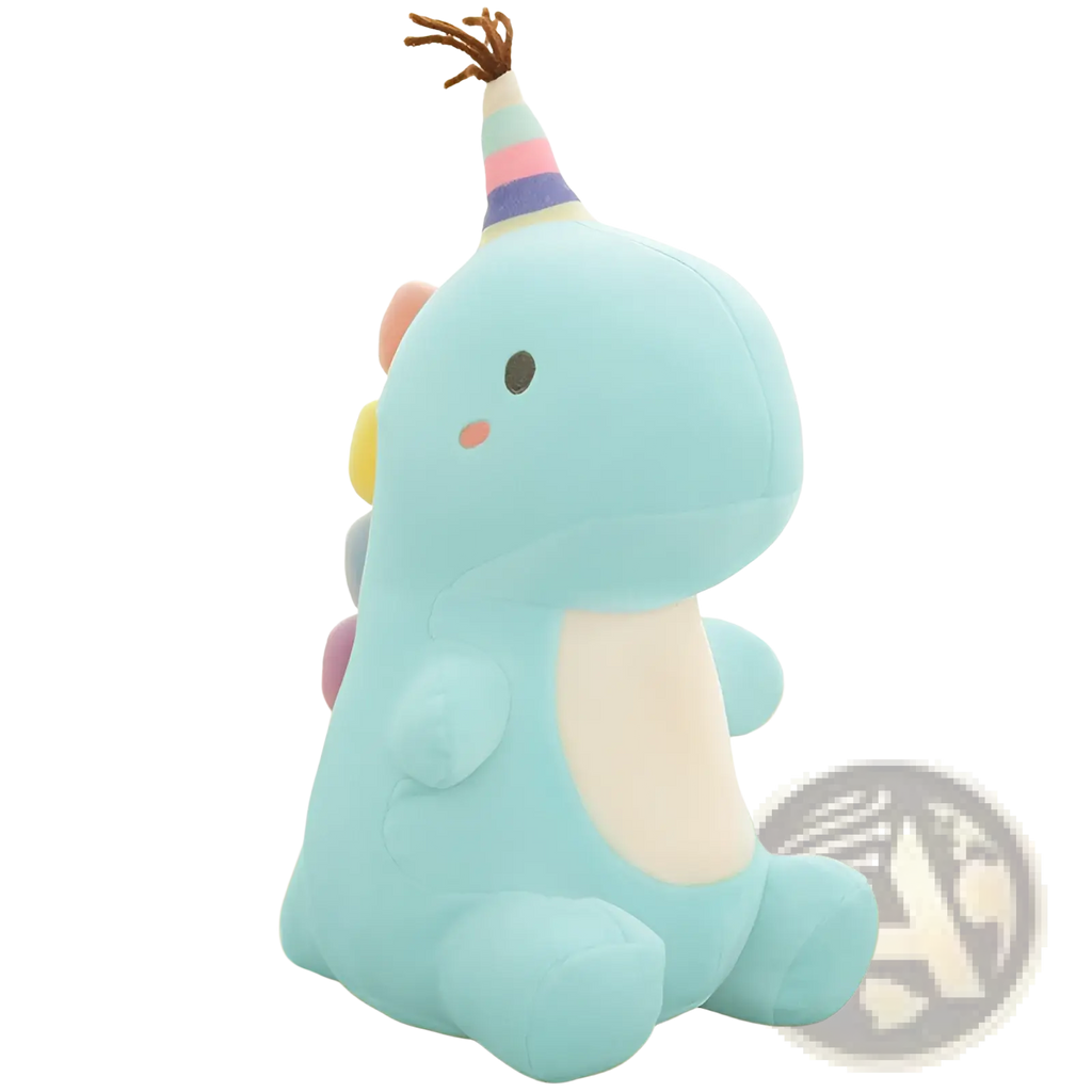 A soft light blue plush dinosaur toy wearing a colorful striped party hat with brown bristles
