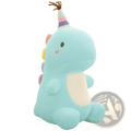 A soft light blue plush dinosaur toy wearing a colorful striped party hat with brown bristles