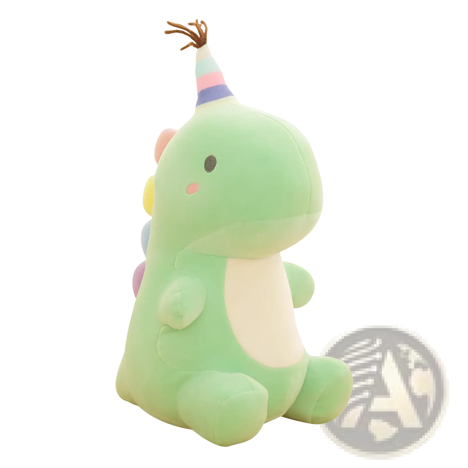 A soft light green dinosaur plush toy wearing a rainbow-striped party hat with brown bristles