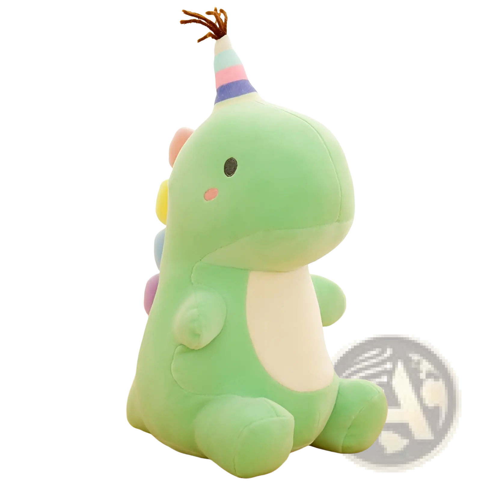 Dinosaur plush toy featuring a soft green stuffed animal wearing a colorful striped party hat with brown fringe